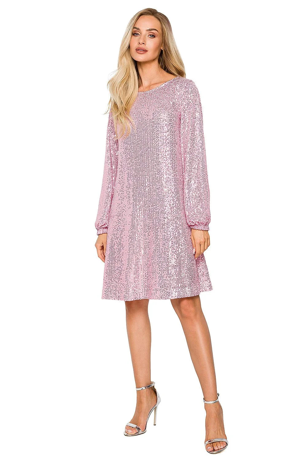 Robe de soirée élégante à paillettes argentées longueur genoux manches longues col rond ceinture nouable femme