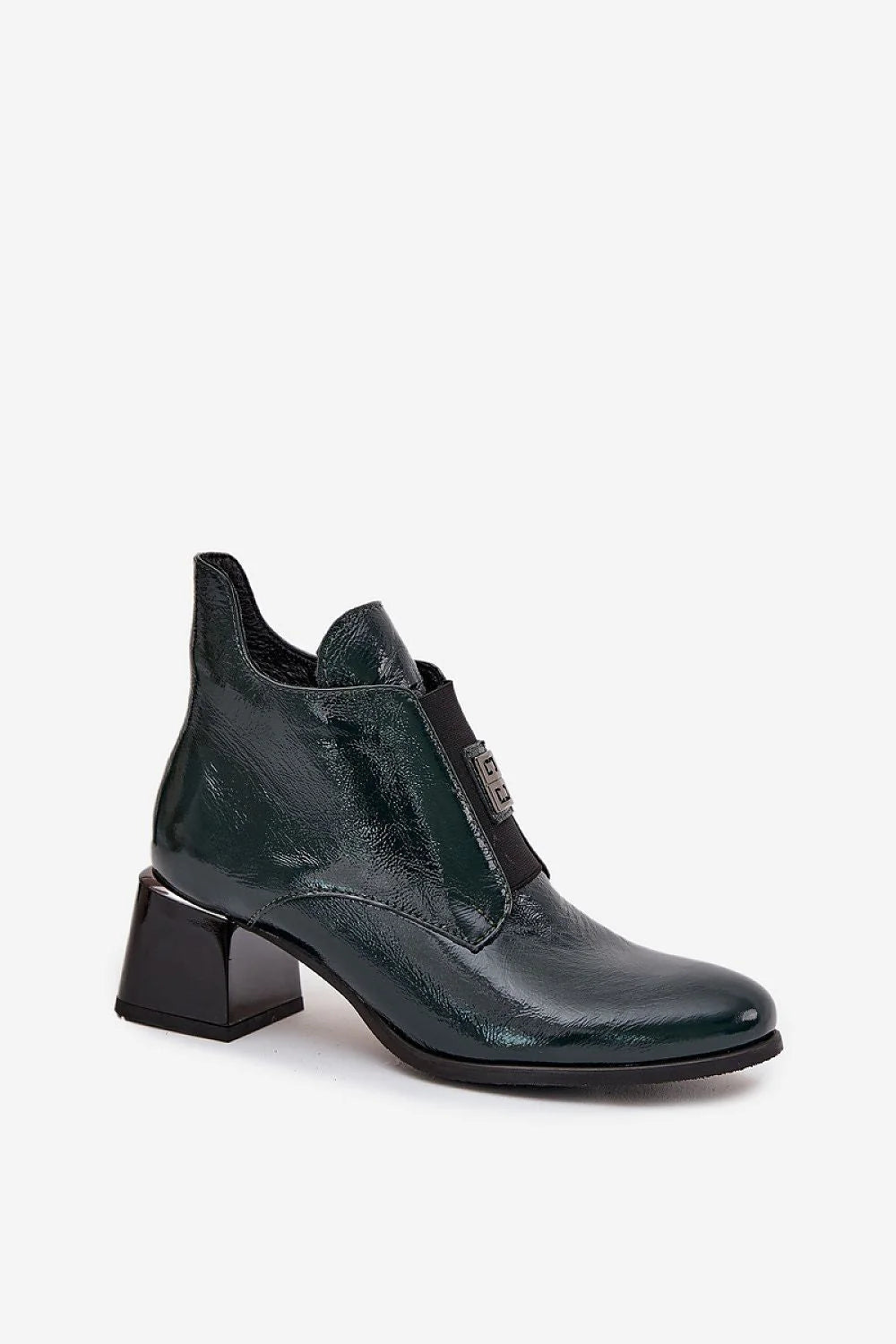 bottines femme cuir naturel verni vert sapin mihautes talon bloc géométrique brillant bout pointu doublées chaudes élastique plaque métallique