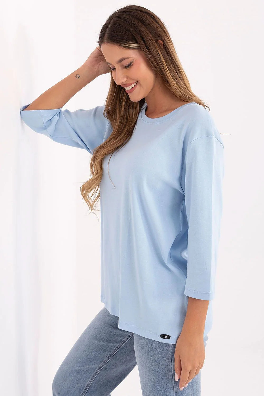 chemise femme oversize col rond manches tombantes coupe droite longueur mi hanche jersey coton élasthanne douce bleu pastel