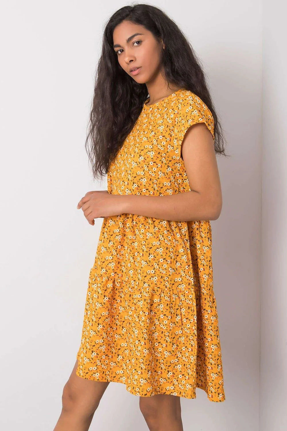 Robe de jour Stitch&Soul ample manches courtes encolure ronde motifs floraux jaune vif polyester élasthanne tailles S M L XL