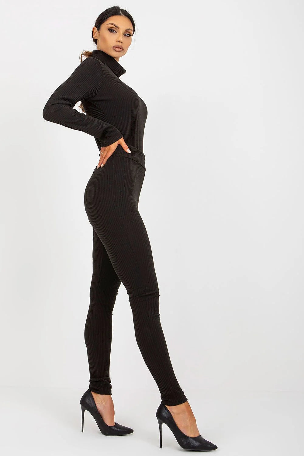 Leggings longues Lakerta en coton élasthanne maille côtelée noire coupe slim taille haute femme