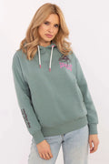 Sweatshirt femme capuche design moderne couleur vert sauge graphique champignon manches longues