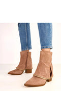 bottines cheville cuir suédé écologique rose taupe bohème bout pointu talon 9cm bloc fermeture éclair franges doublure tissu