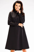 robe noire trapèze mi longue manches longues col montant poignets boutons pressions polyester élasthanne satinée élégante intemporelle fluide polyvalente chic