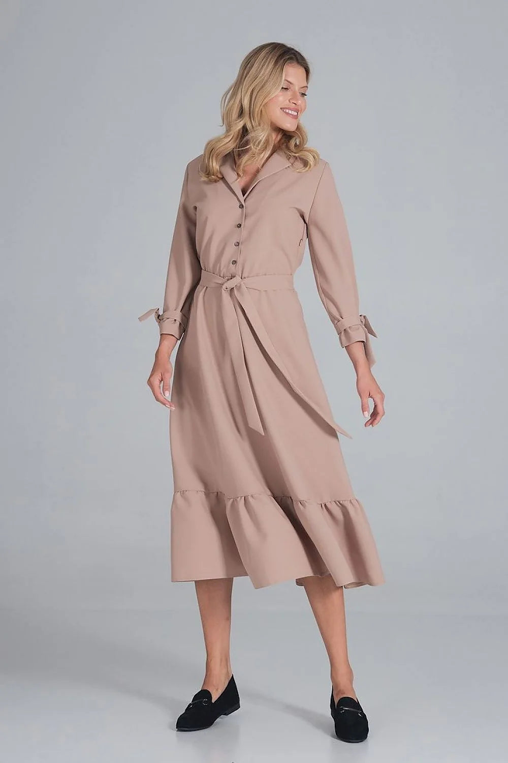 Robe élégante en polyester bleu ciel, style décontracté chic, manches longues, ceinture pour femme