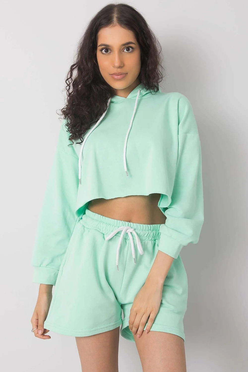 Ensemble Ex Moda pour femme, hoodie court et short assorti, style décontracté, rose pâle, coton 70% polyester 30%