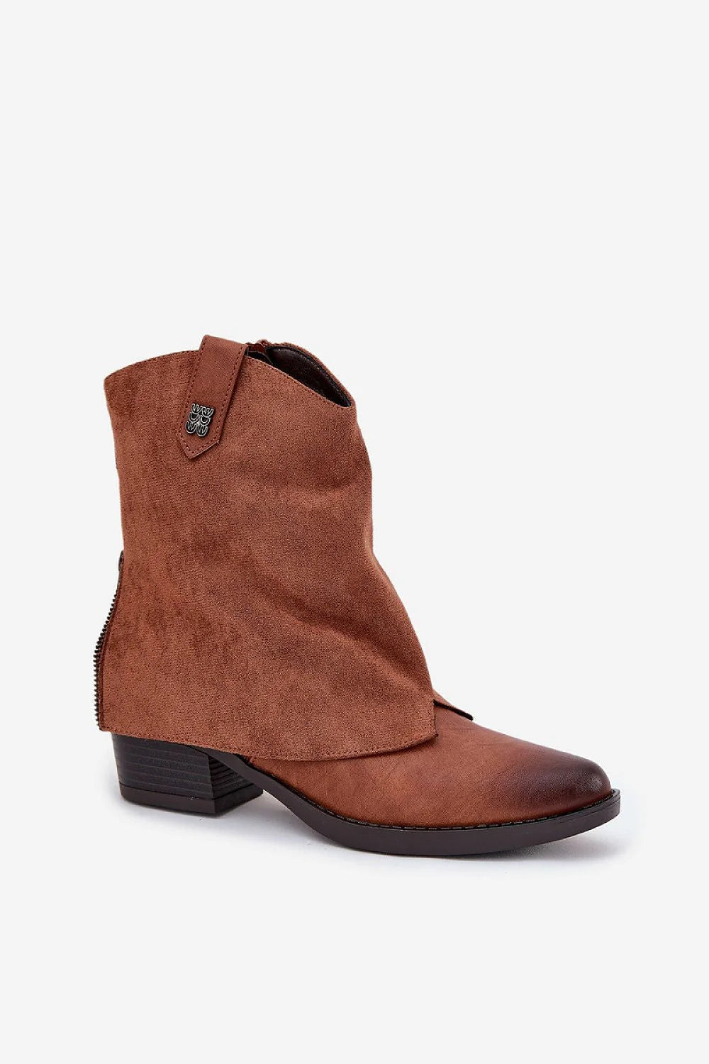 bottines femme cheville western cuir daim marron cognac bout pointu effilé tige froncée slouch zip latérale talon bas carré empilé