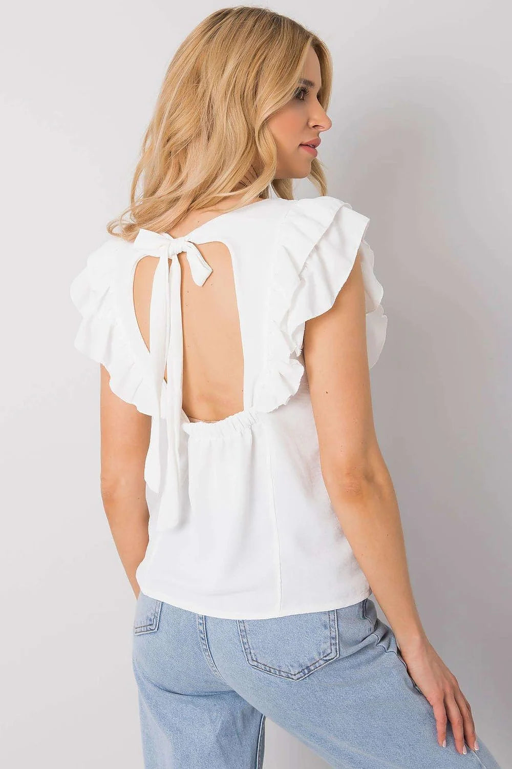 Chemisier Och Bella manches courtes volants encolure ronde dos fendu polyester 100% rose pâle femmes occasionnels