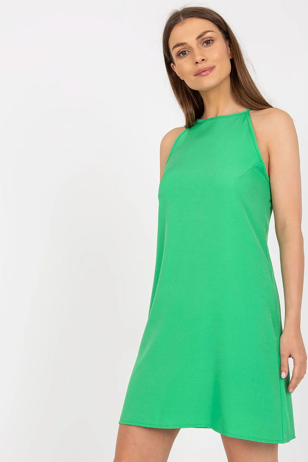 Robe de jour élégante sans manches encolure ronde femme Rue Paris couleur verte vibrante tissu doux respirant taille ajustable printemps été