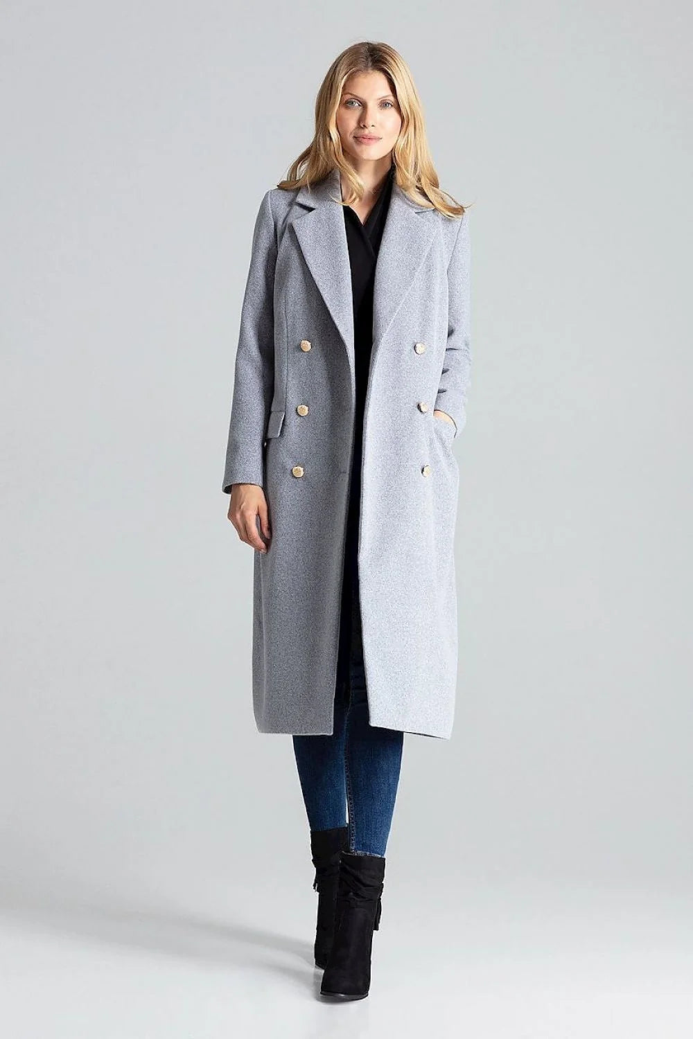 Manteau femme laine gris clair élégant double boutonnage col revers idéal hiver chic sophistiqué