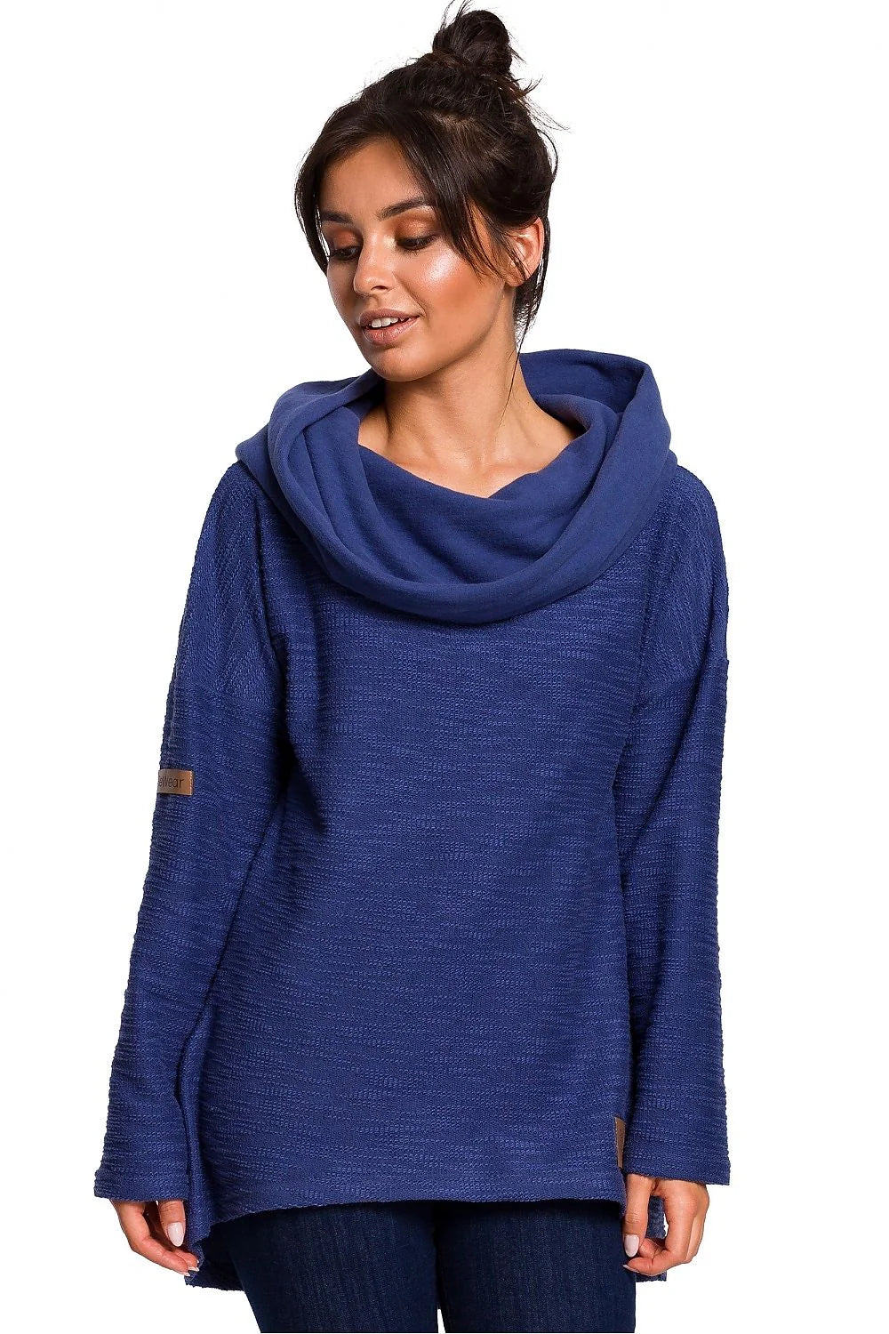 Pull asymétrique femme coton polyester bleu décontracté confortable col drapé manches longues Be Wear