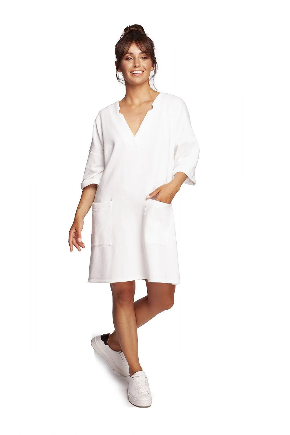 Robe de jour casual rose pastel femme en coton polyester manches courtes poches latérales