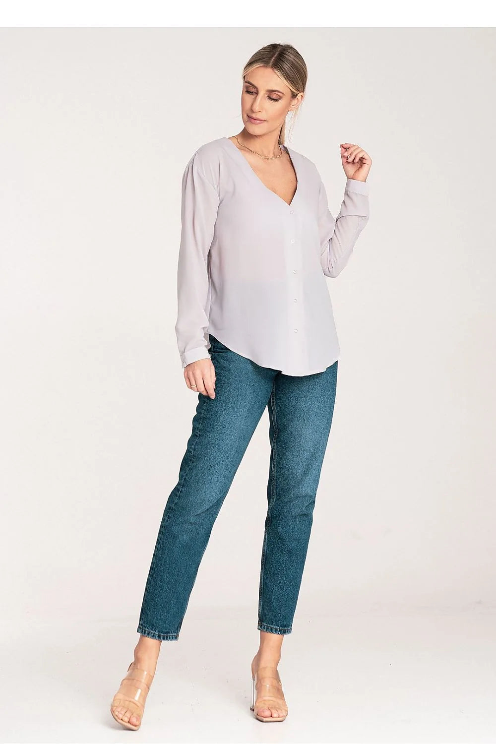 Chemise femme manches longues col V élasthanne polyester blouse élégante décontractée coupe fluide femme occasion professionnelle Casual Chic