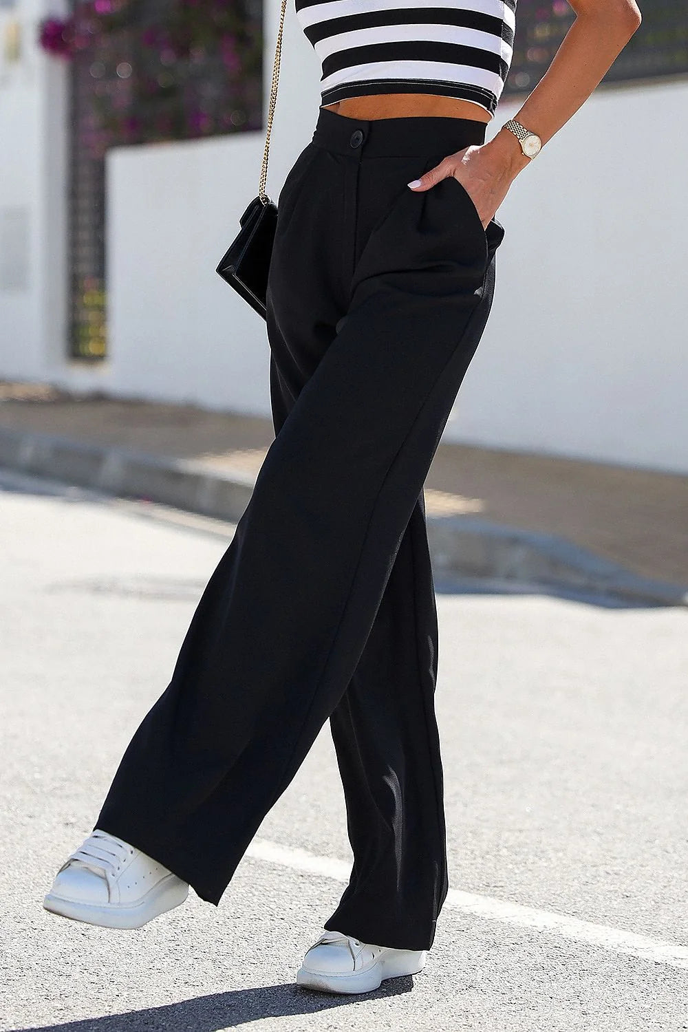 Pantalon femme IVON noir moderne élégant coupe droite taille haute poches latérales fermeture glissière bouton matière haute qualité femmes