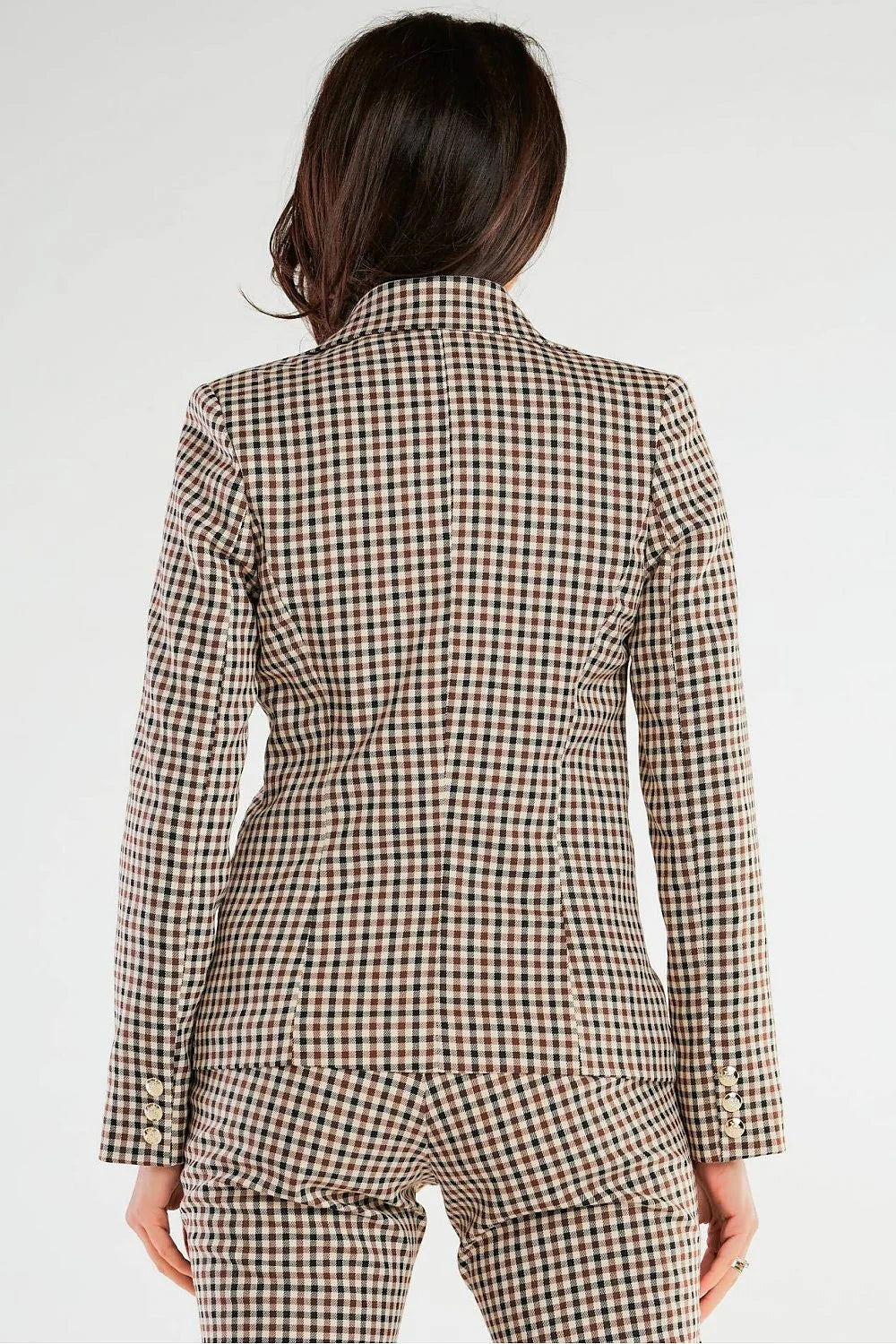 Blazer femme élégant à carreaux houndstooth double boutonnage coupe ajustée épaules structurées doré beige marron noir polyester élasthanne viscose Pologne