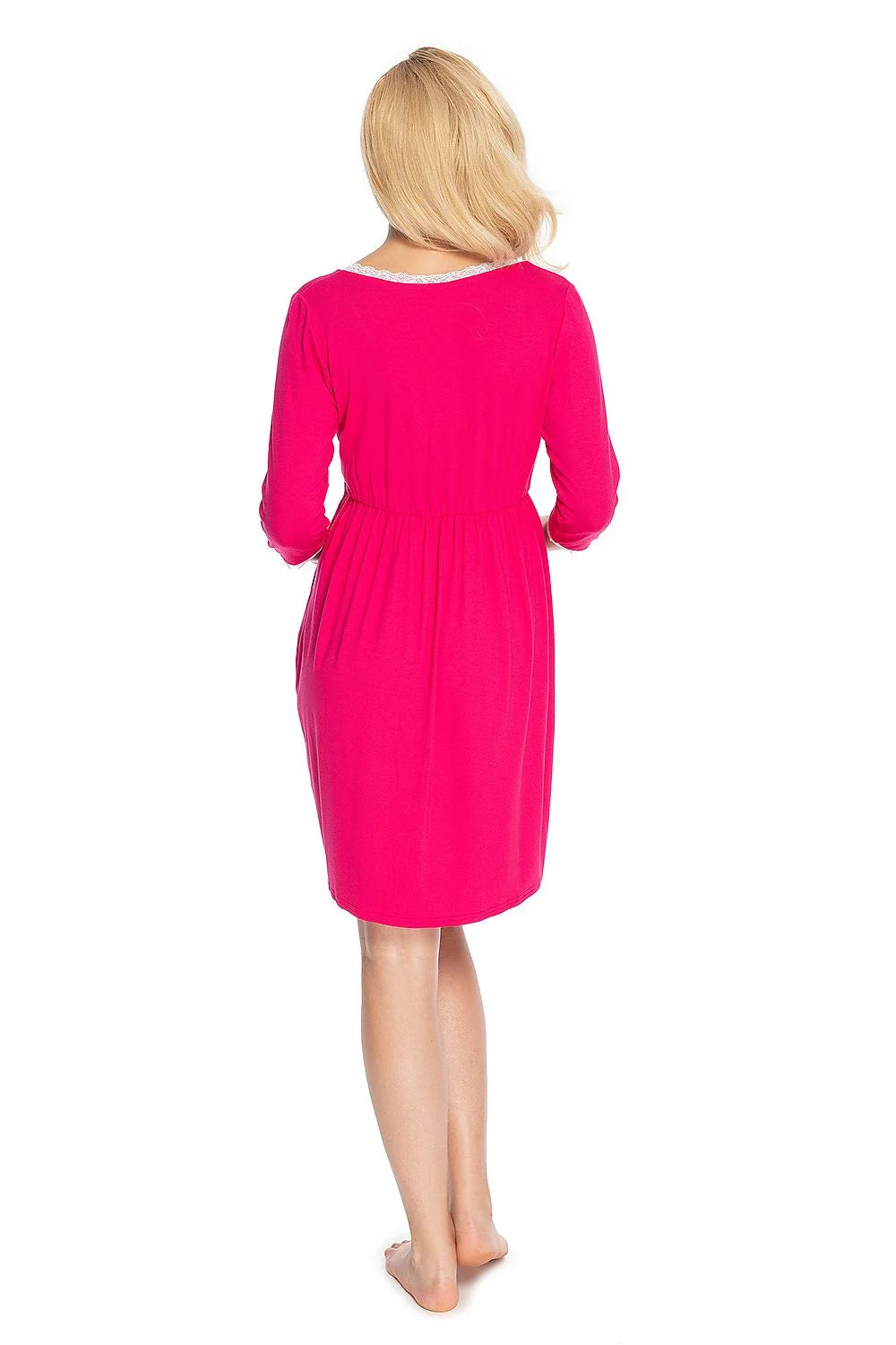 Chemise de nuit jersey croisée maternité élégante rose vif dentelle confort allaitement manches 3/4