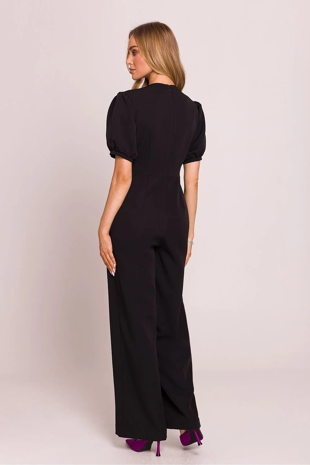 Combinaison élégante pour femme coupe féminine décolleté en V profond manches bouffantes courtes taille ajustable tissu de haute qualité noire