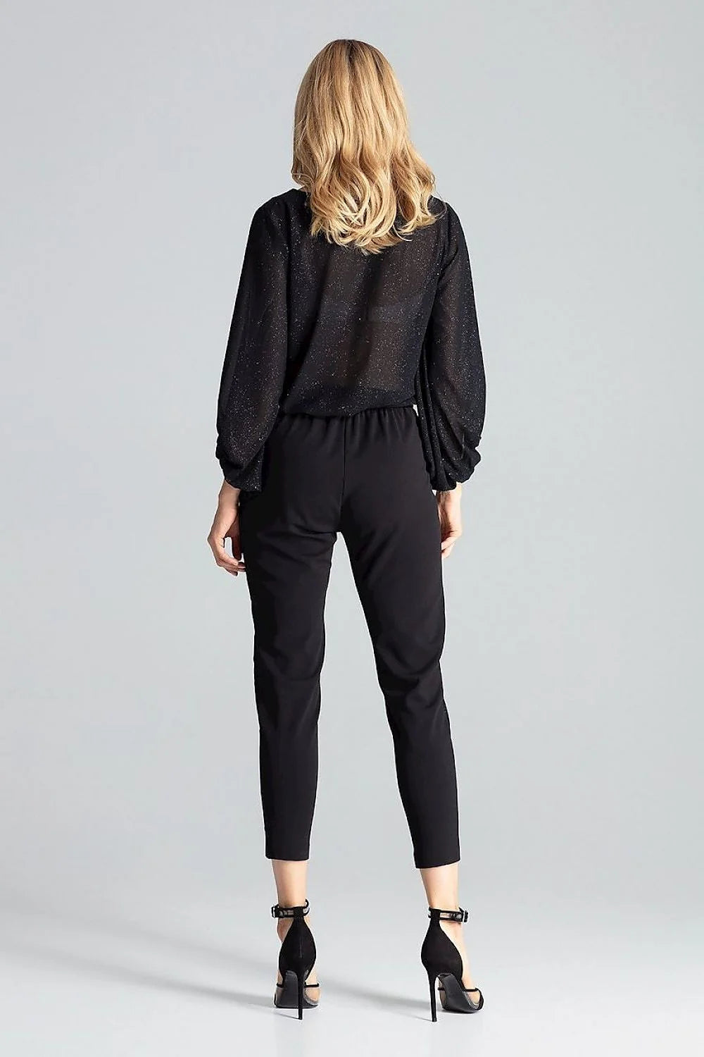 Pantalon femme noir brocart taille haute élasthanne polyester élégant fuselé semi-formel chic et confortable