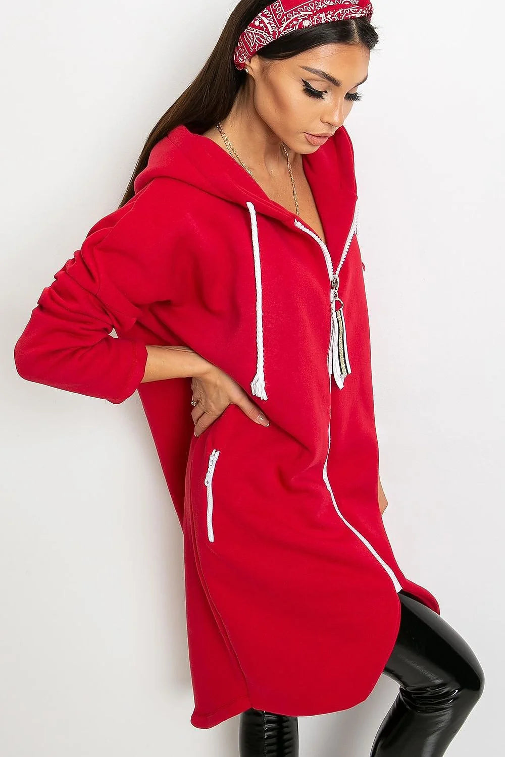 Sweatshirt pour femme coupe longline manches longues capuche fermeture éclair coton élasthanne beige sable