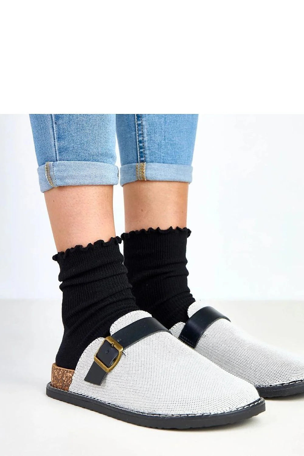 mules femmes confortables doux toile tressée écrue bride cuir noir boucle laiton réglable semelle liège caoutchouc antidérapante plateforme35mm