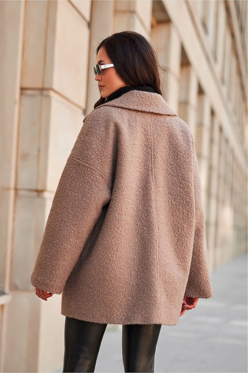 Manteau en laine bouclée brun clair style élégant coupe droite col à revers large femme automne hiver veste mode