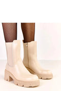 bottines femme chelsea cuir synthétique beige bout rond talon bloc semelle crantée antidérapante bande élastique strass zippée doublure chaude confortable