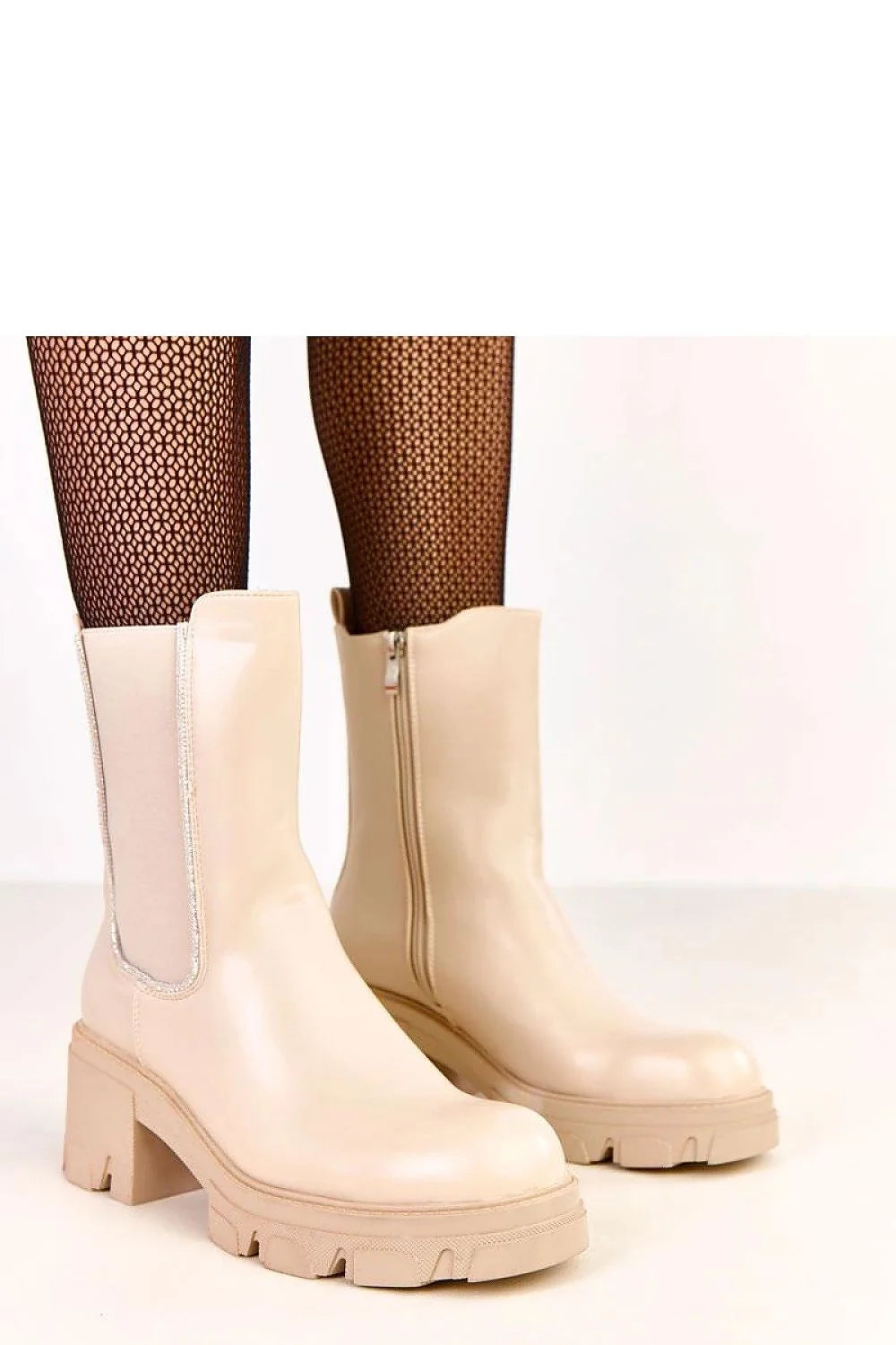 bottines femme chelsea cuir synthétique beige bout rond talon bloc semelle crantée antidérapante bande élastique strass zippée doublure chaude confortable