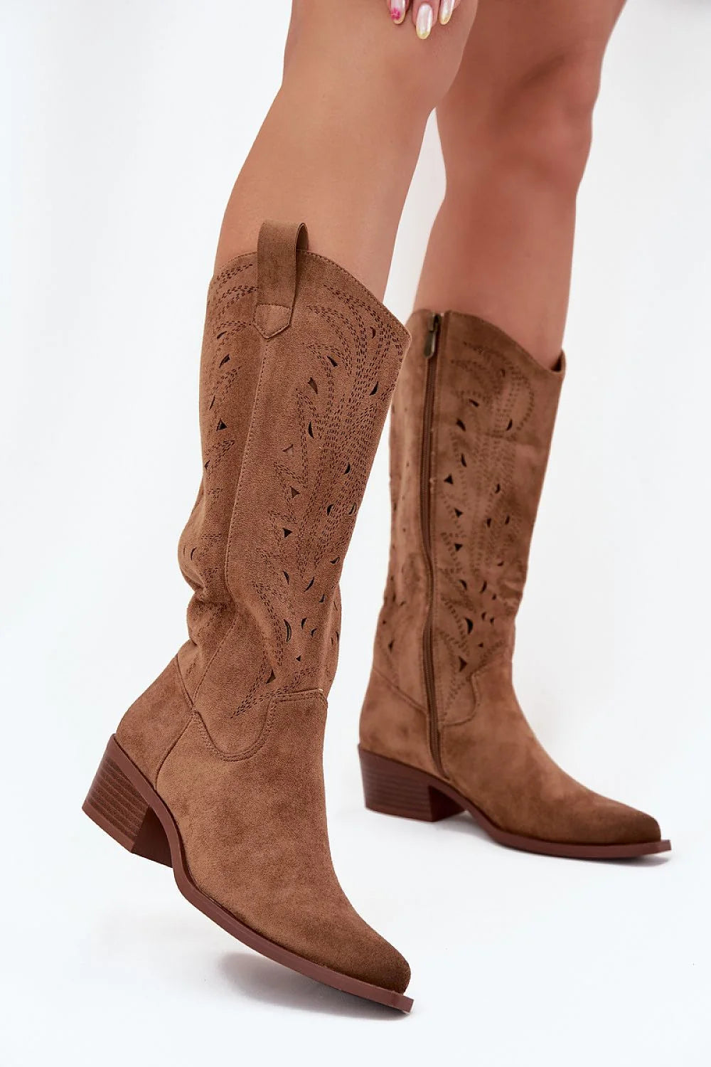 bottes femme mi mollet suède écologique cognac ajouré perforé style western bohème chic bout pointu talon bloc bas