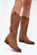bottes femme mi mollet suède écologique cognac ajouré perforé style western bohème chic bout pointu talon bloc bas