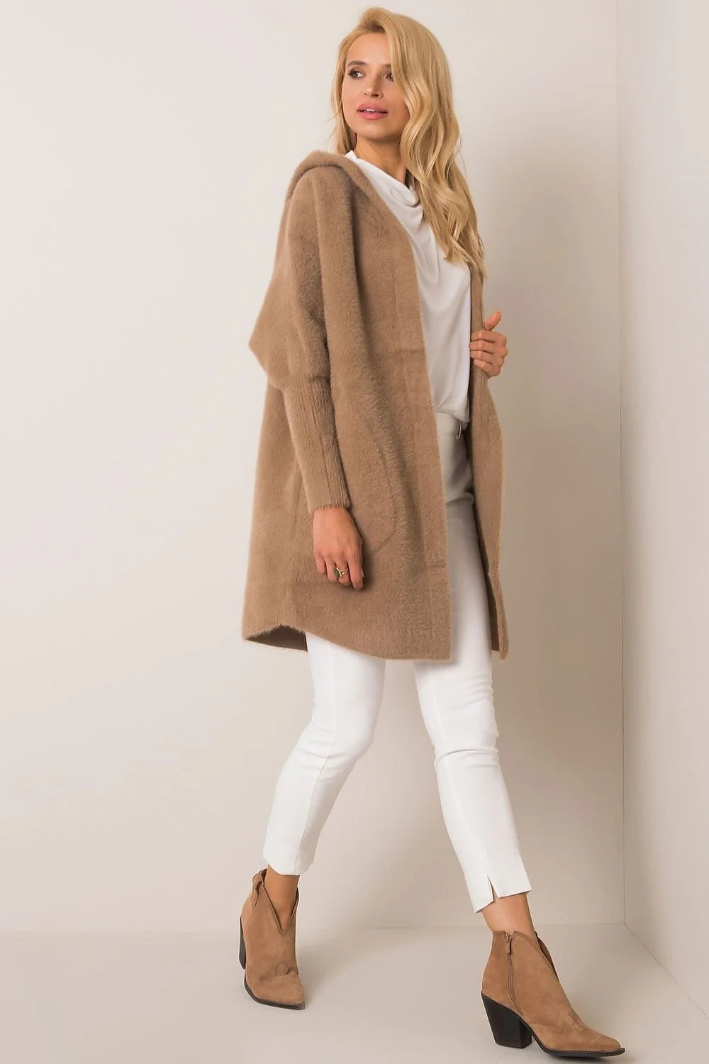 Manteau pour femme long style casual capuche poches coulissantes laine angora polyester viscose universelle