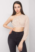 Top asymétrique femme manche longue décolleté asymétrique matériau léger coupe moderne coloris beige pâle