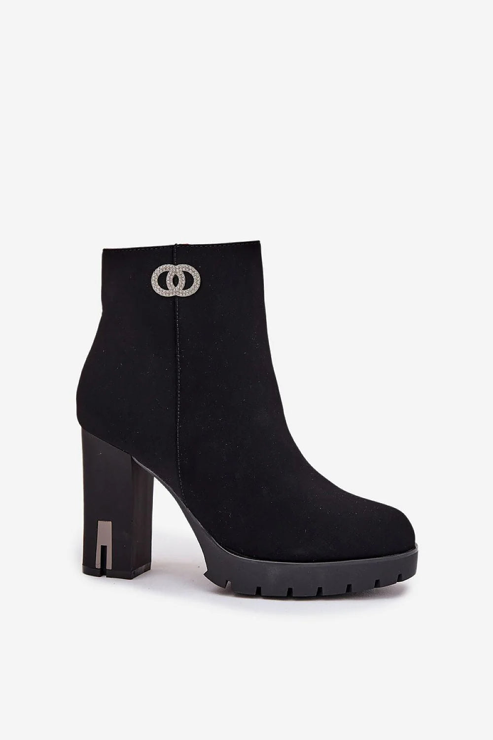 bottines femme cheville talon bloc haut suédine noire plateforme crantée antidérapante zippée doublure fourrure synthétique ornements strass