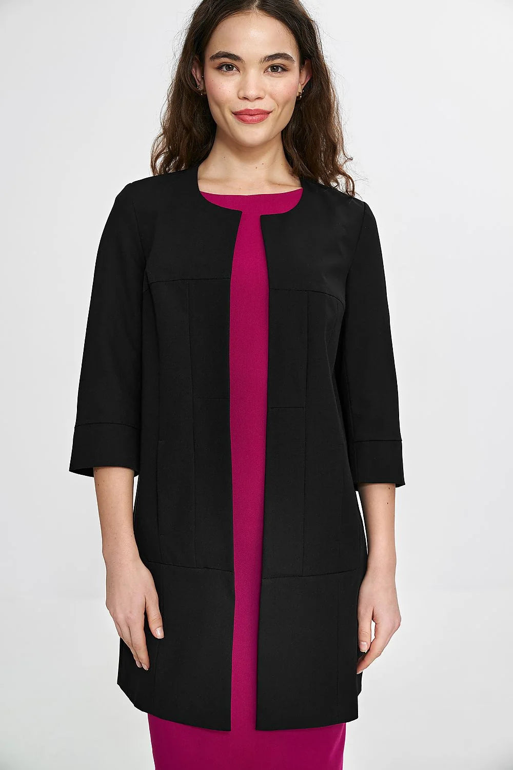 Veste élégante noire pour femme, coupe droite, manches 3/4, sans fermeture, occasion formelle ou Casual
