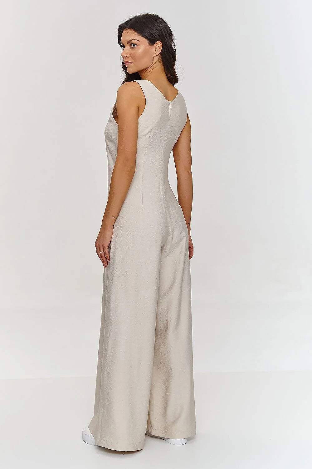 Combinaison femme élégante moderne sans manches en V beige clair ample large leg confortable été printemps Makadamia