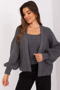 ensemble femme deux pièces cardigan oversize manches bouffantes grosse maille gris anthracite débardeur cropped torsadé côtelé encolure carrée