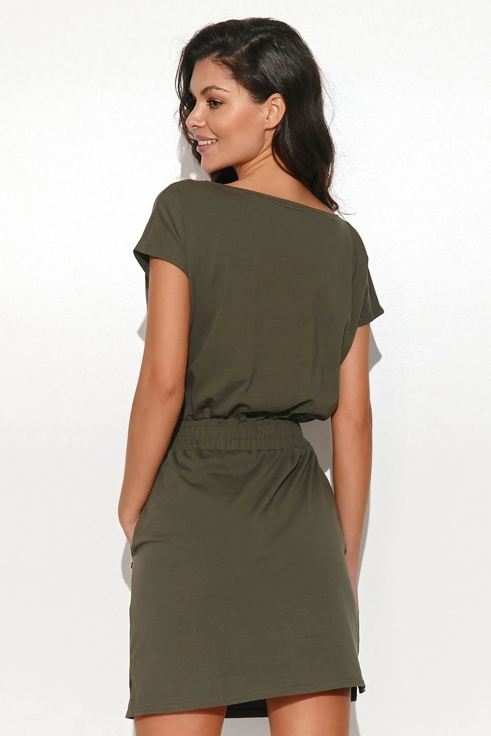 Robe Casual Femme Kaki Maille Léger Coupe Droite Élastique Taille Manches Courtes Poches Latérales Occasions Décontractées Été 2023