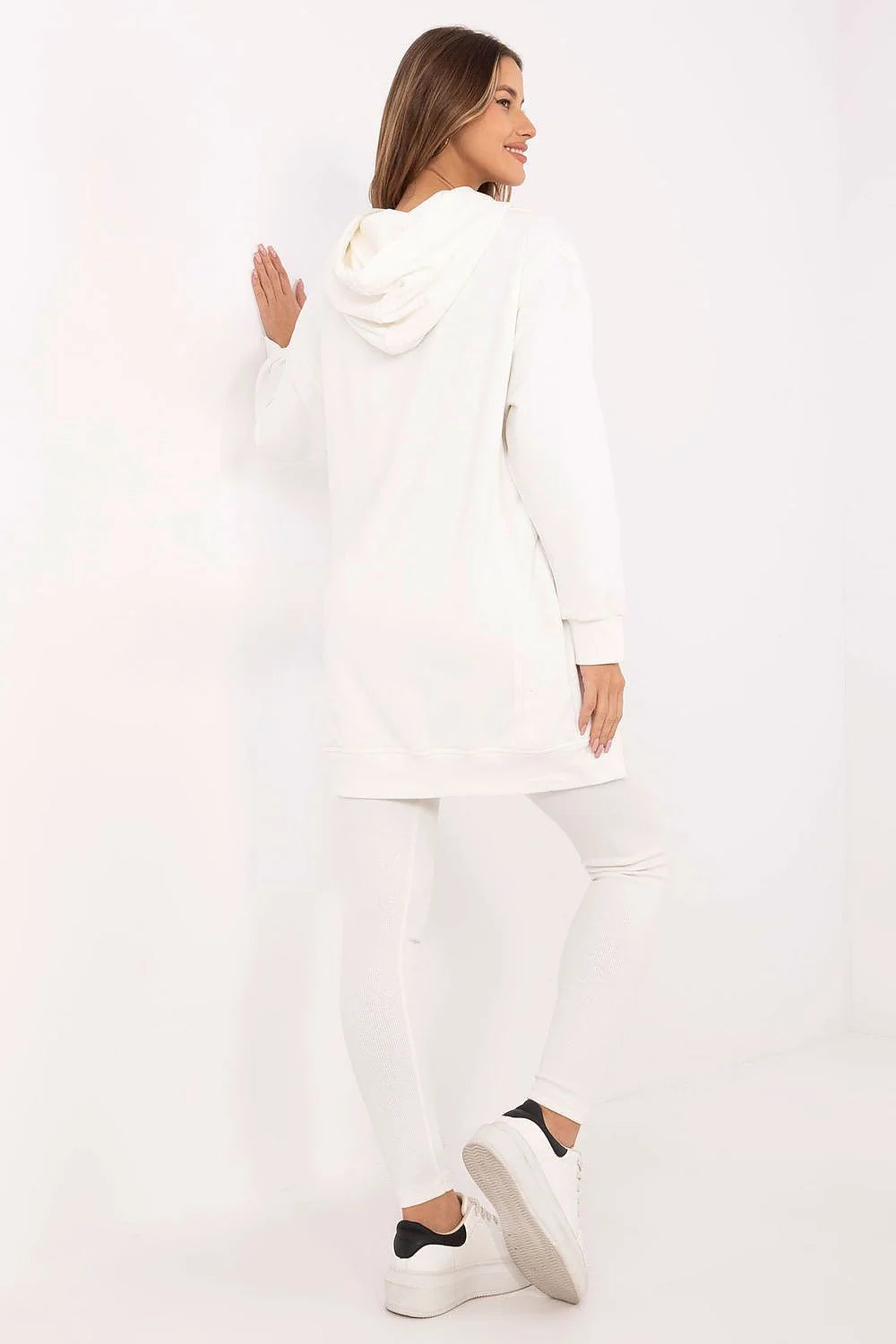 Ensemble féminin mode décontracté élégant haut sweat capuche longueur asymétrique leggings taille haute coton polyester blanc femme occasion quotidienne