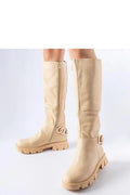 Bottes hautes cuir élégantes modernes beige fermeture éclair chaîne décorative semelle crantée automne-hiver