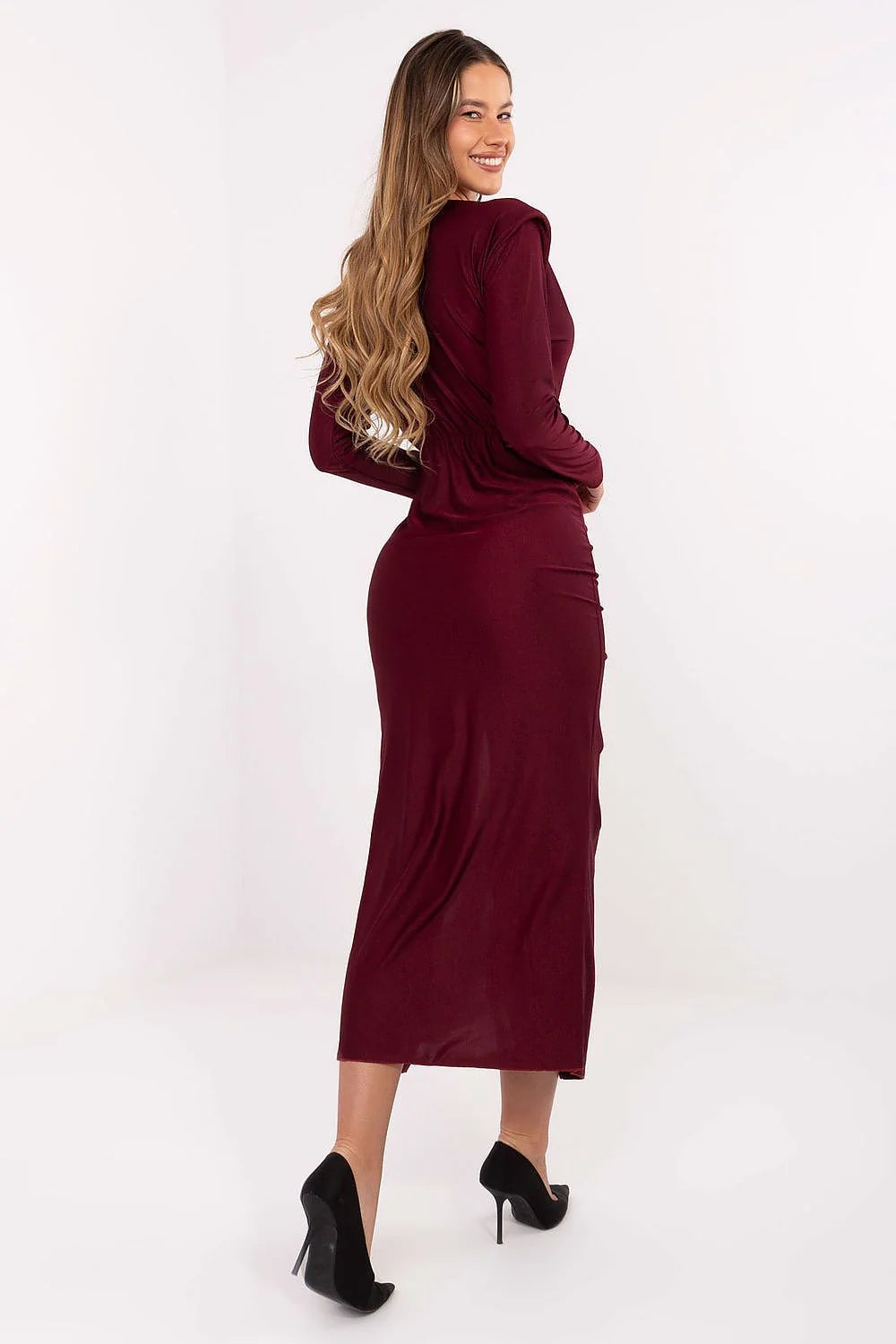 robe soirée femme midi bordeaux profond crayon drapé portefeuille colV manches longues fente asymétrique boucle dorée