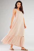 robe longue élégante journée sansmanches coton doux pastel rosepoudré fluide évasée encolureronde volants épaules large volant ourlet cheville respirante bohème