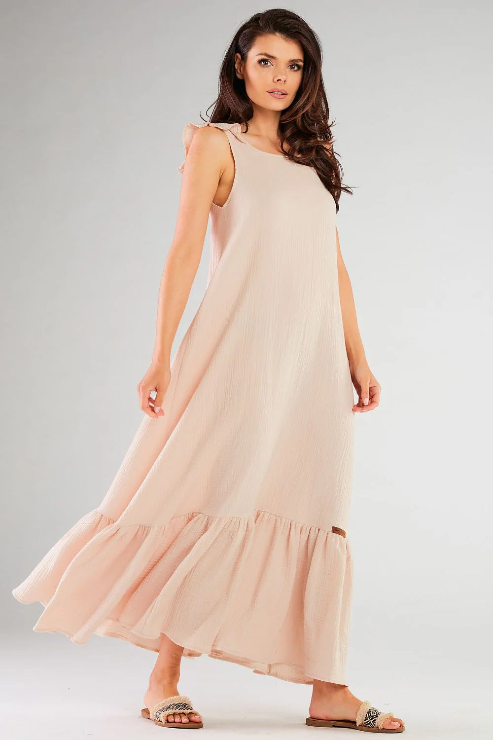robe longue élégante journée sansmanches coton doux pastel rosepoudré fluide évasée encolureronde volants épaules large volant ourlet cheville respirante bohème