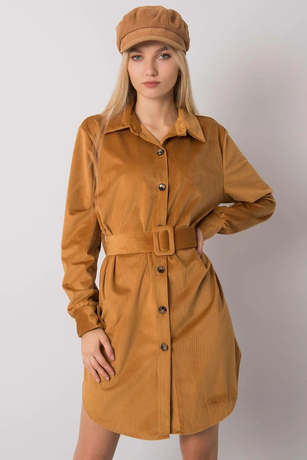 Robe chemise femme velours côtelé gris élégant manches longues ceinture style minimaliste mi-cuisse
