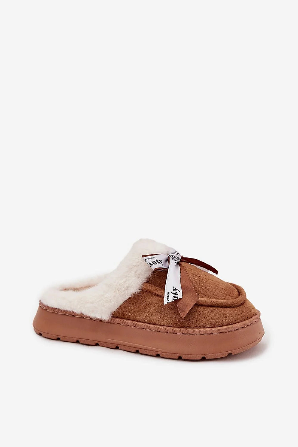 chaussons femme suédine écologique cognac mocassin mule doublure fourrure blanche semelle plateforme épaisse rembourrée antidérapante nœud ruban imprimé