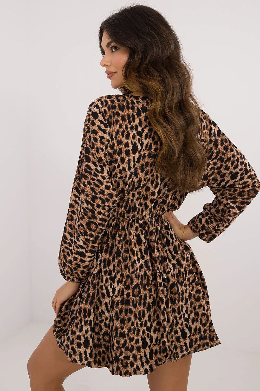 Robe de jour Italy Moda imprimé léopard mini évasée manches longues encolure V élastique taille poches femme polyester