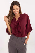 Chemise bohème femme longueur standard manches 3/4 volants couleur rouge bordeaux coton léger élégance confort style versatile