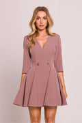Robe de jour Moe rose vieux robe courte femme design élégant moderne coupe ajustée décolleté V profond manches 3/4 boutons dorés