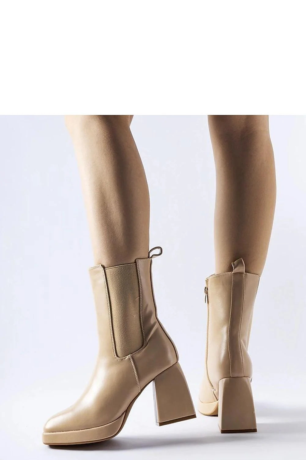 Bottines féminines modernes en cuir synthétique beige talon massif Adamo fermeture éclair bout carré hauteur cheville confortables femme