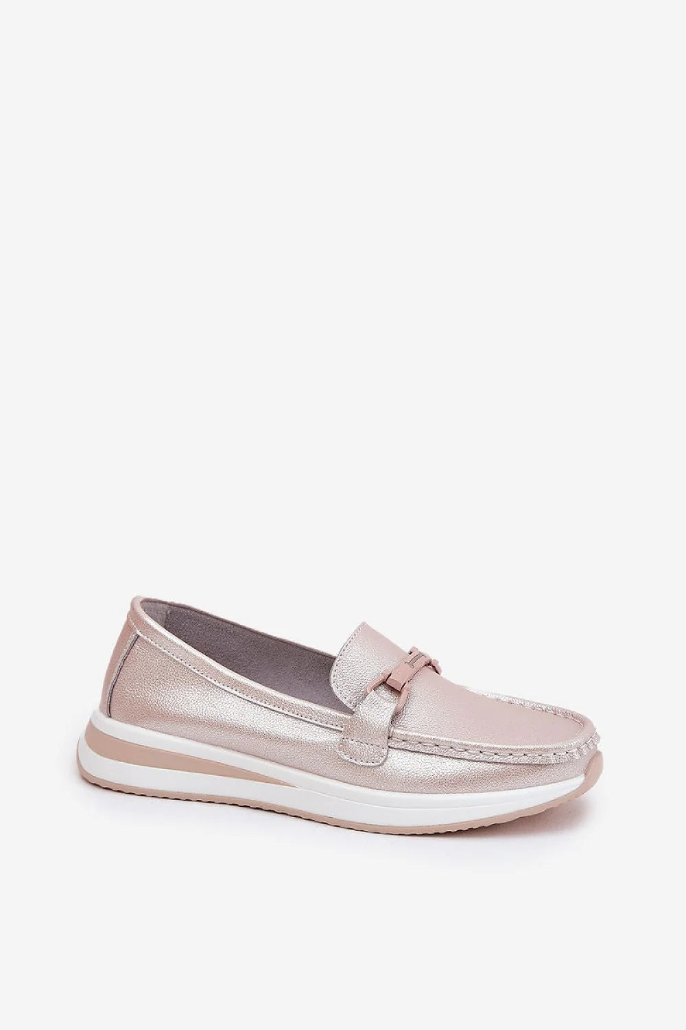 Mocassins pour femme en cuir métallisé rose pâle, style élégant décontracté, semelle intérieure cuir Comfort Shoes, détails décoratifs métalliques, occasions multiples