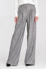 pantalon tailleur femme large taille haute plis devant ceinture bouton passants poches latérales tissu chiné gris texturé léger longueur pleine