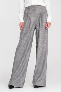 pantalon tailleur femme large taille haute plis devant ceinture bouton passants poches latérales tissu chiné gris texturé léger longueur pleine